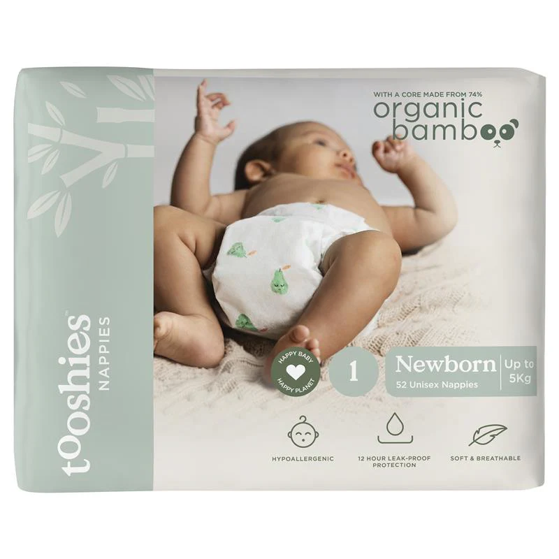 Tooshies 74% Organic Bamboo Nappies Size 1 Newborn 3-5kg 2pk of 52 Nappies. - Image 3