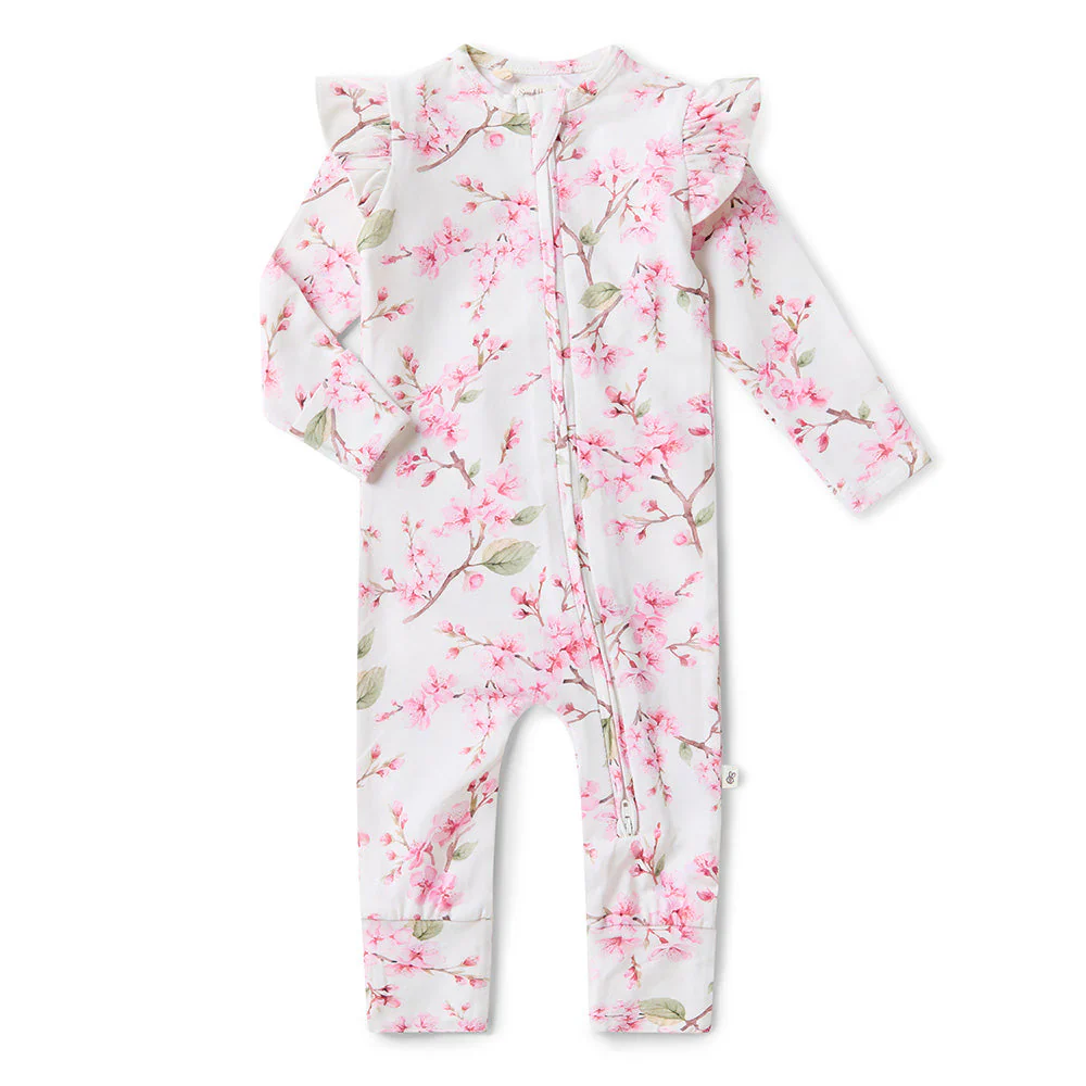 Snuggle Hunny, Cherry Blossom Organic Snugglesuit Convertible Romper with Frill - Image 3