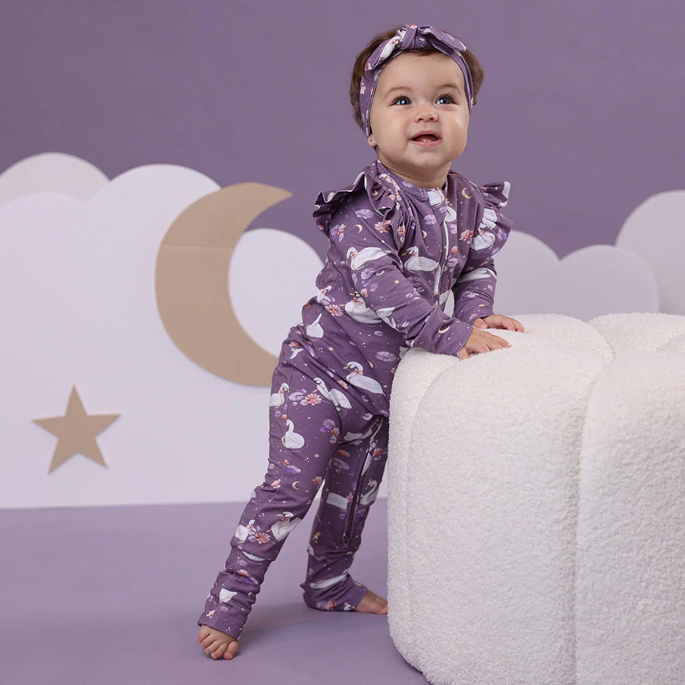 Snuggle Hunny, Midnight Swan Organic Snugglesuit Convertible Romper with Frill - Image 3