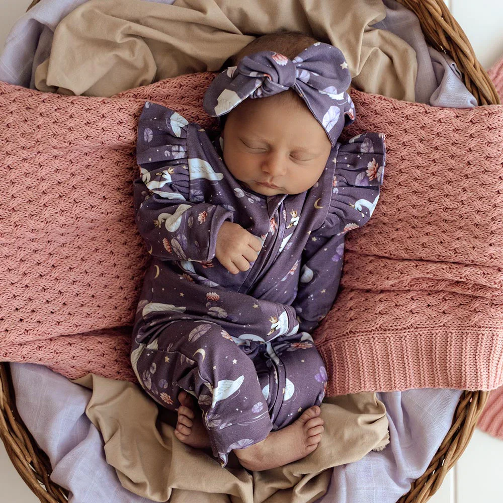 Snuggle Hunny, Midnight Swan Organic Snugglesuit Convertible Romper with Frill - Image 4