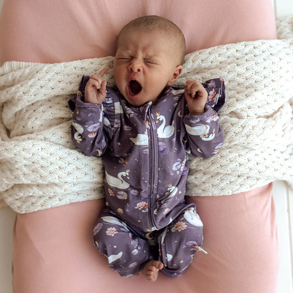 Snuggle Hunny, Midnight Swan Organic Snugglesuit Convertible Romper with Frill - Image 5