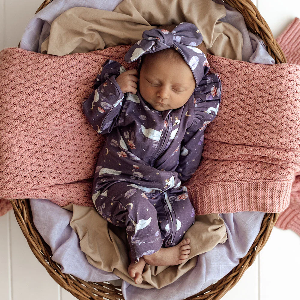 Snuggle Hunny, Midnight Swan Organic Snugglesuit Convertible Romper with Frill - Image 6